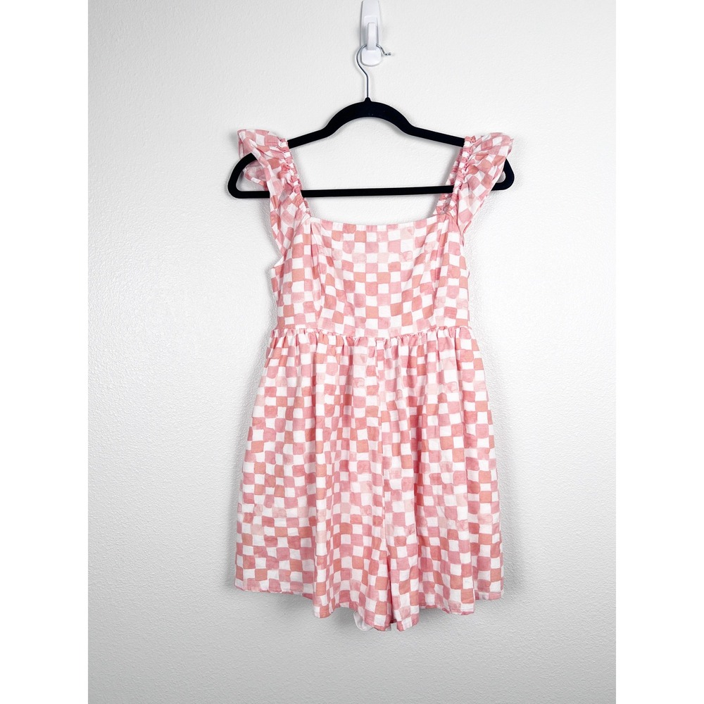 American Eagle Pink Checkered Flutter Sleeve Romper Small